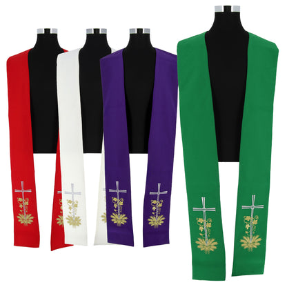 Stola sacerdotale con ricamo croce argentata e spighe
