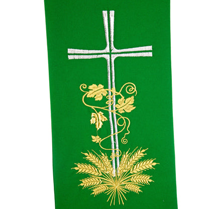 Stola sacerdotale con ricamo croce argentata e spighe
