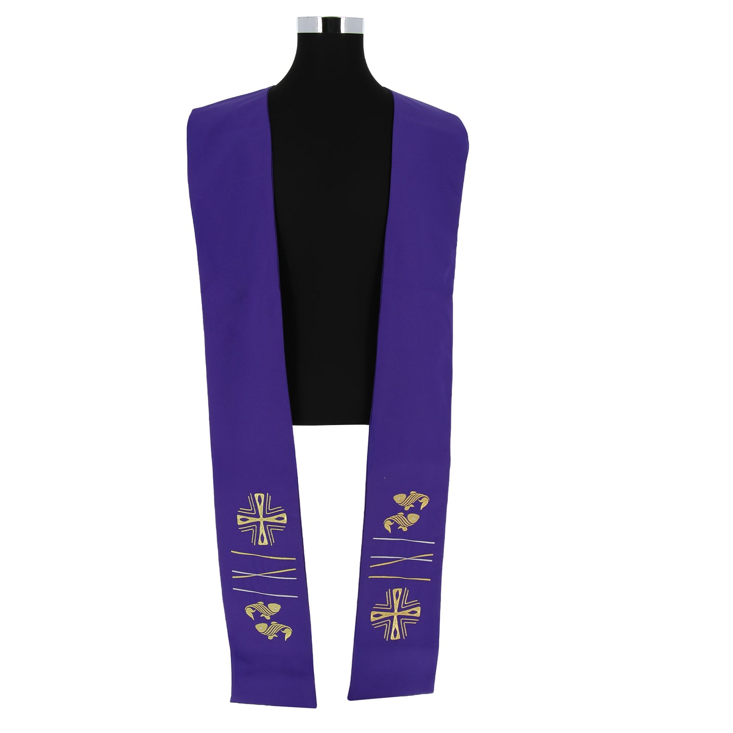 Stola sacerdotale con ricamo croce e pesci dorato e argentato