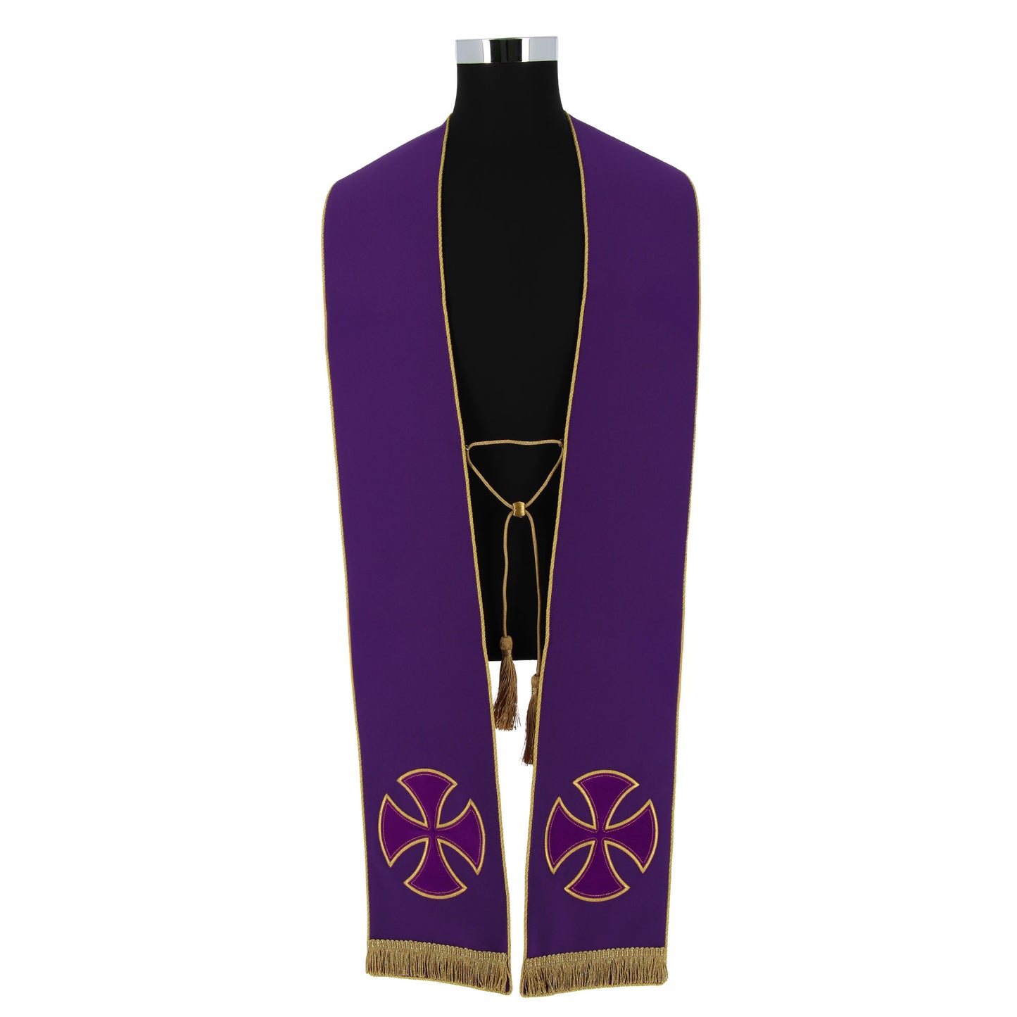 Stola sacerdotale con croci in velluto applicate tramite ricamo diretto su tessuto poliestere