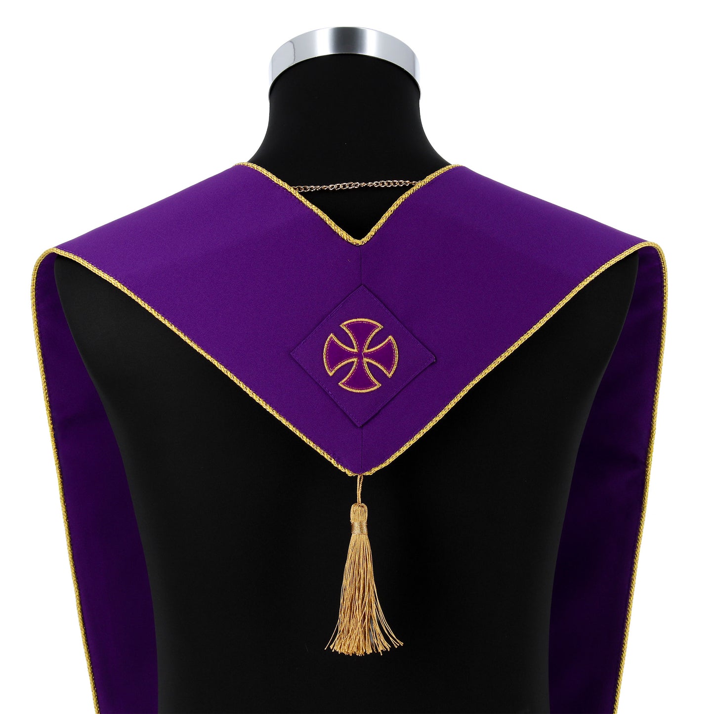 Stola sacerdotale con croci in velluto applicate tramite ricamo diretto su tessuto poliestere
