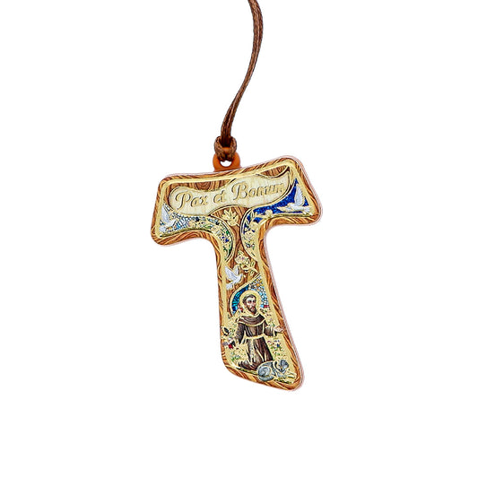 Ciondolo Tau San Francesco con Cartoncino Oro a Caldo – 4,5 cm