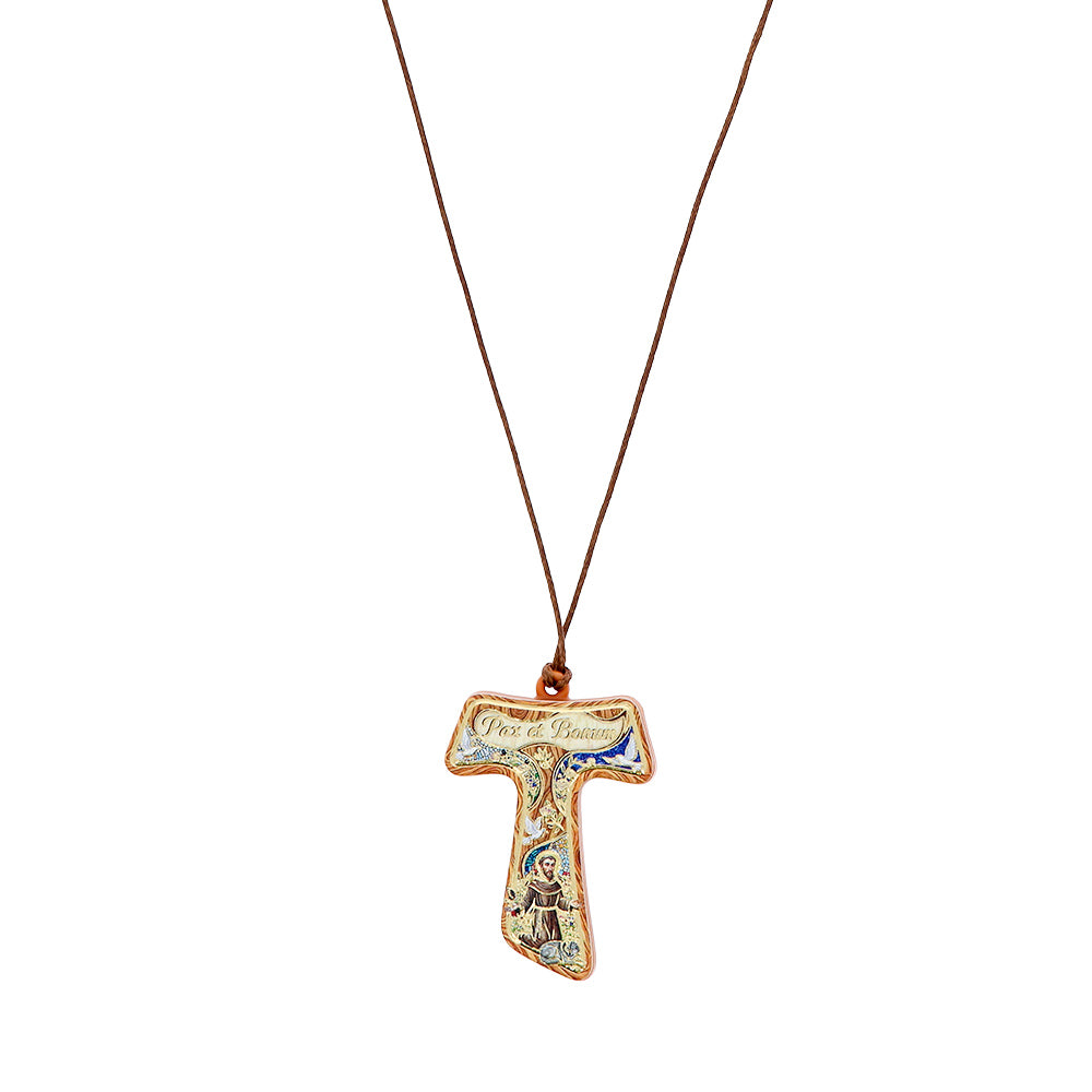 Ciondolo Tau San Francesco con Cartoncino Oro a Caldo – 4,5 cm