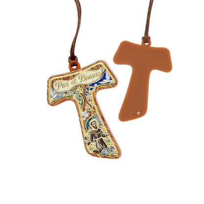 Ciondolo Tau San Francesco con Cartoncino Oro a Caldo – 4,5 cm