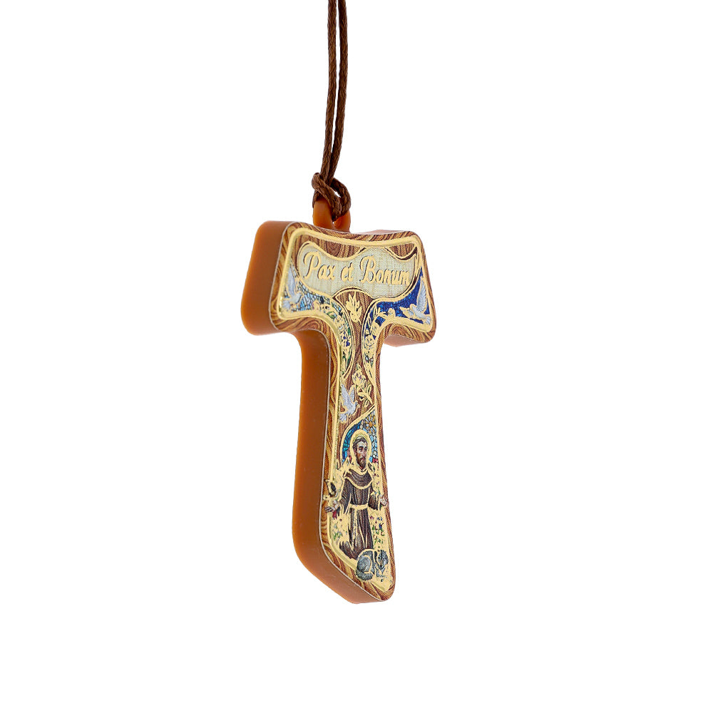 Ciondolo Tau San Francesco con Cartoncino Oro a Caldo – 4,5 cm