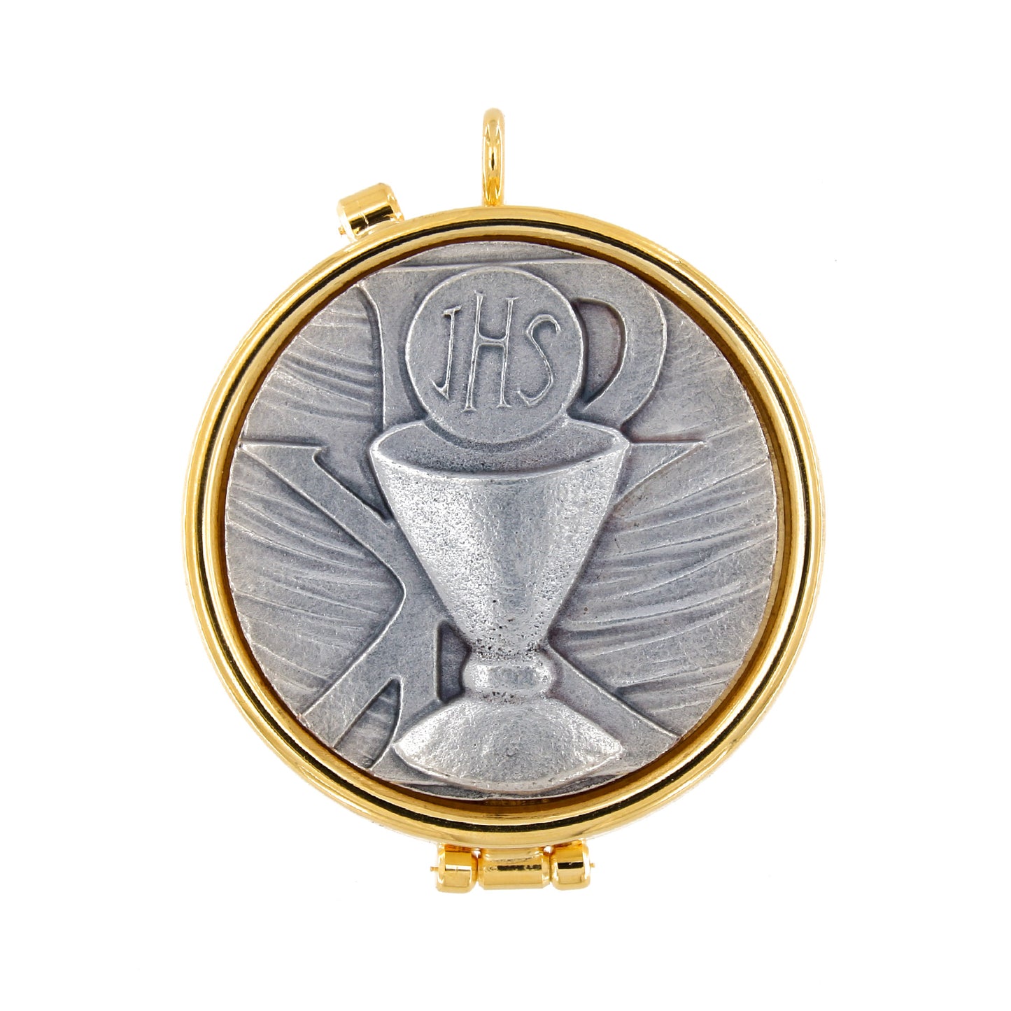 Teca con placca in peltro raffigurante Calice. Diametro 4 cm