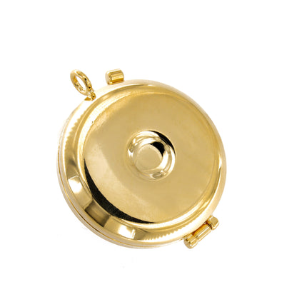 Teca con placca in peltro raffigurante Calice. Diametro 4 cm