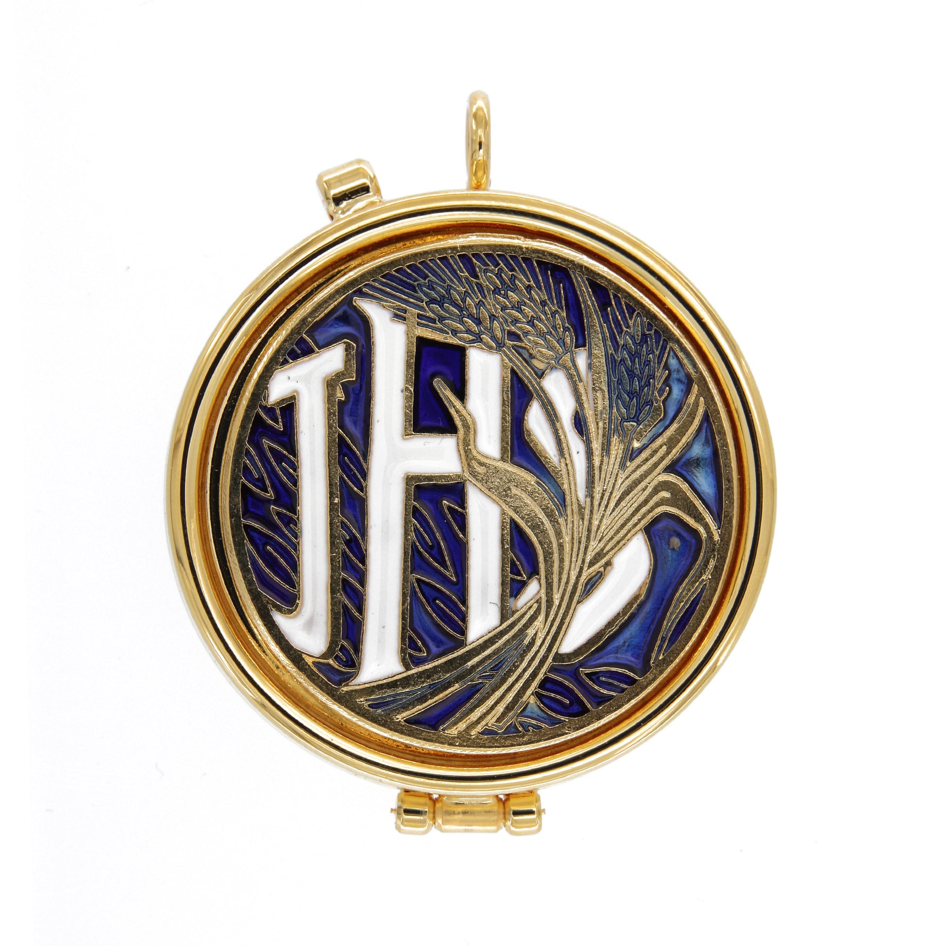 Teca con placca smaltata raffigurante IHS e spighe. Diametro 5,4 cm