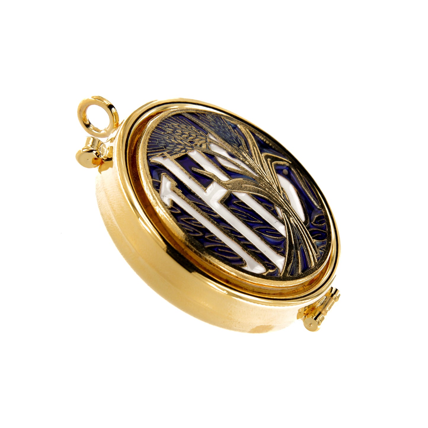 Teca con placca smaltata raffigurante IHS e spighe. Diametro 5,4 cm