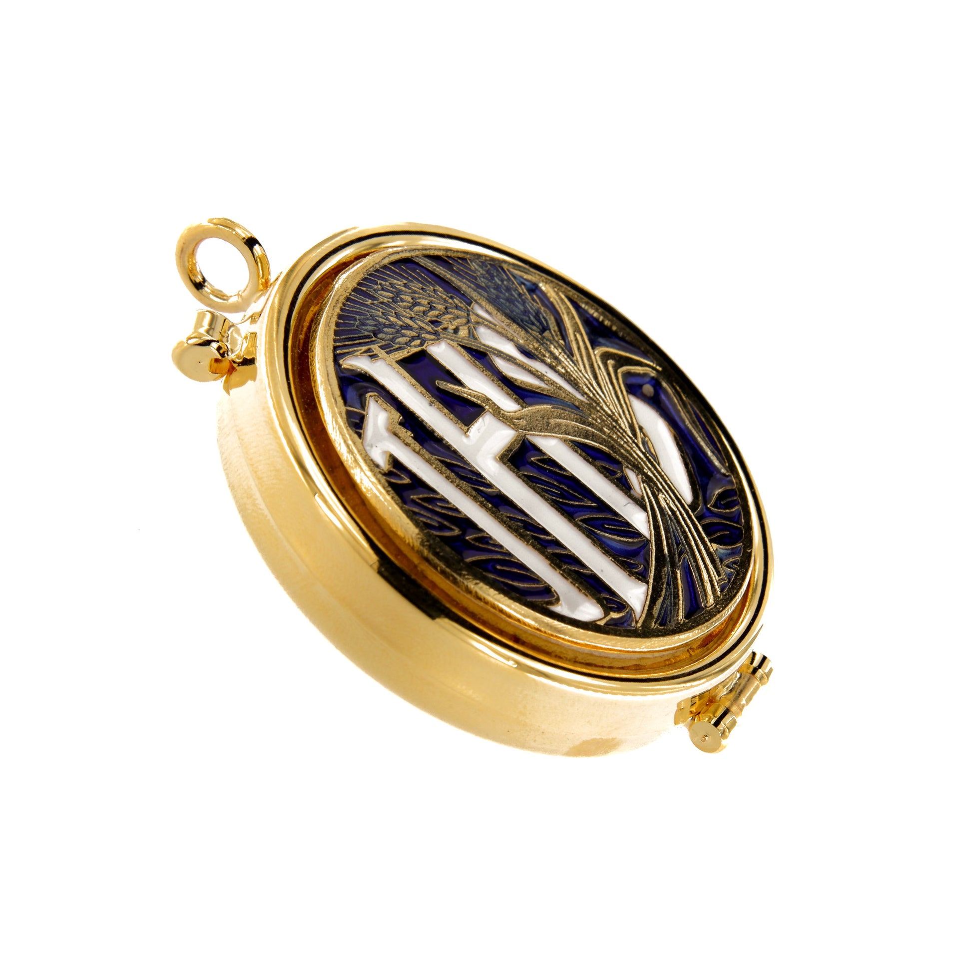 Teca con placca smaltata raffigurante IHS e spighe. Diametro 5,4 cm