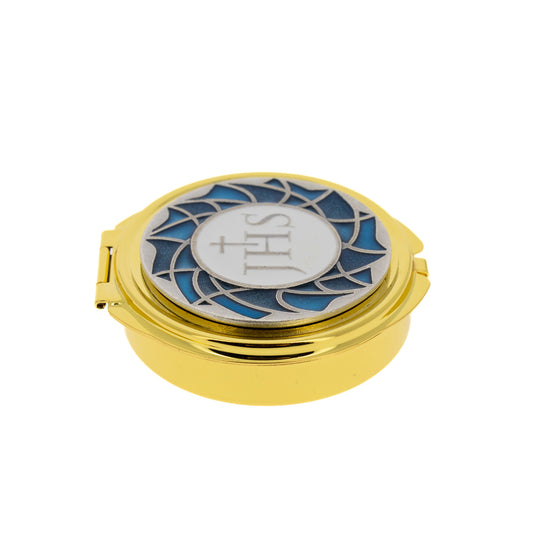 Teca in metallo dorato e placca JHS. Dimensioni 1,5x6 cm