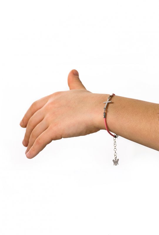 Bracciale bimbo in corda cerata e croce in argento 925 rodiato lunghezza 13+3 cm.