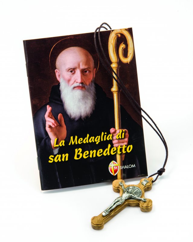 Confezione libro "La medaglia di San Benedetto" e Croce San Benedetto trilobata in olivo