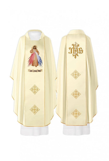 Casula avorio con ricamo Gesù Misericordioso e JHS. Misto poliestere