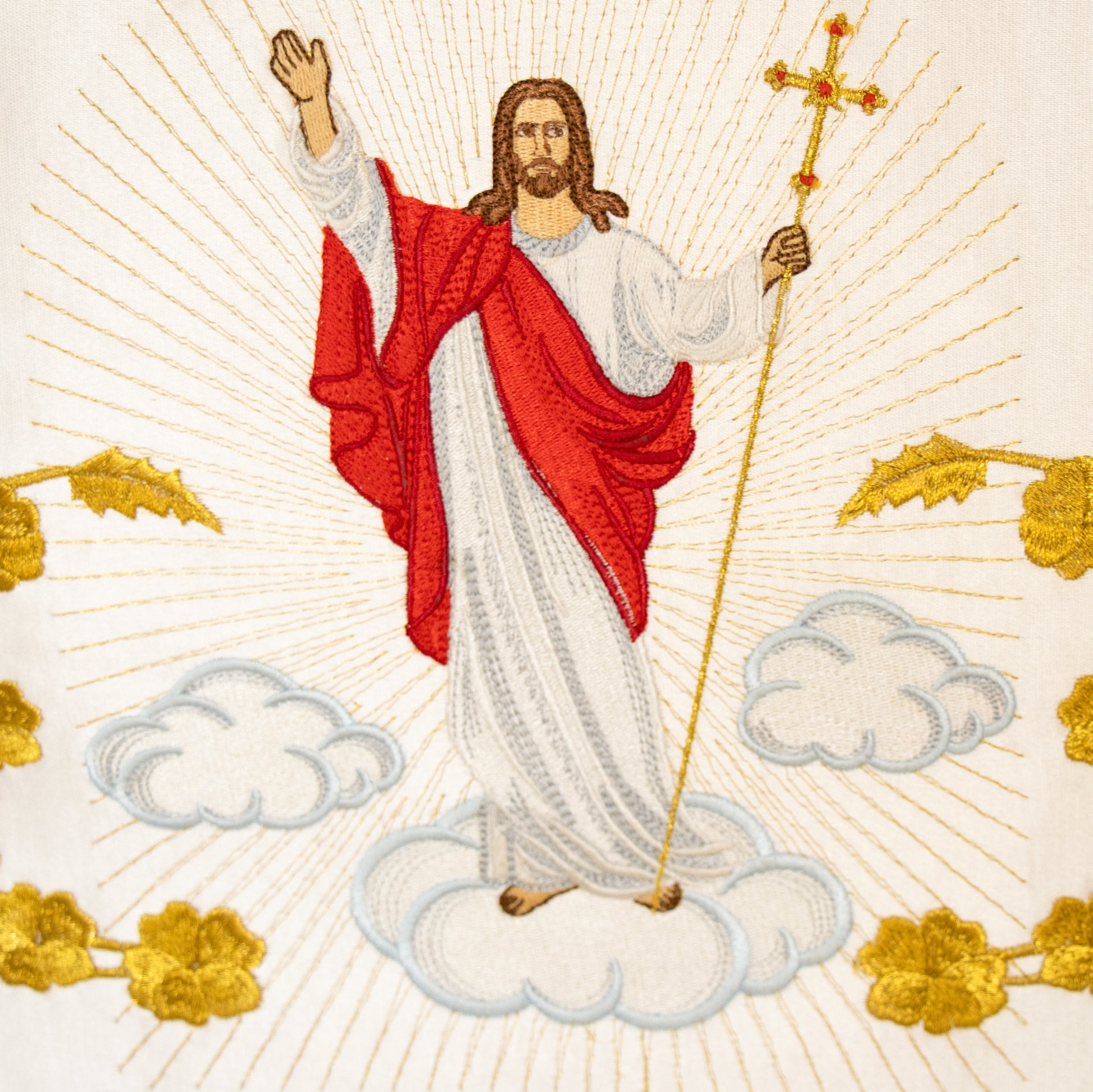 Tovaglia da altare in raso di cotone con ricamo Gesù Risorto. Dimensioni 160x100