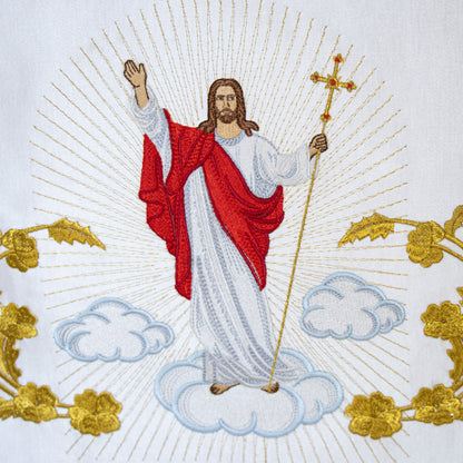 Tovaglia da altare in raso di cotone con ricamo Gesù Risorto. Dimensioni 160x100