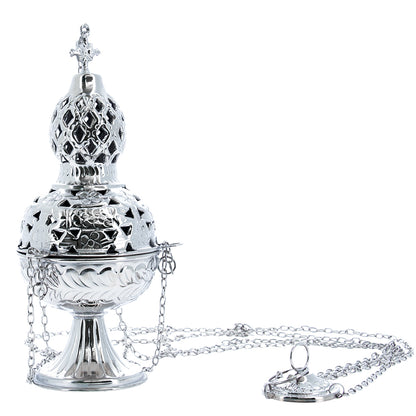 Turibolo liturgico in ottone nichelato con catena – Altezza 26 cm