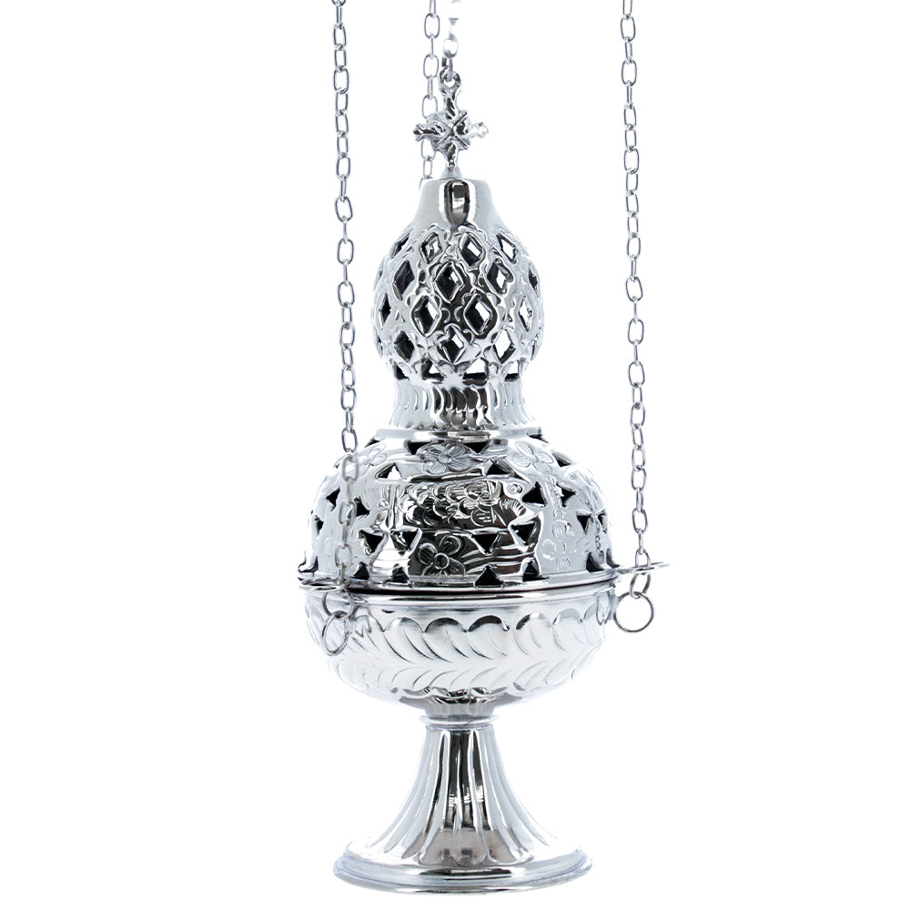 Turibolo liturgico in ottone nichelato con catena – Altezza 26 cm