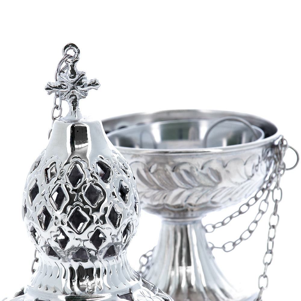 Turibolo liturgico in ottone nichelato con catena – Altezza 26 cm