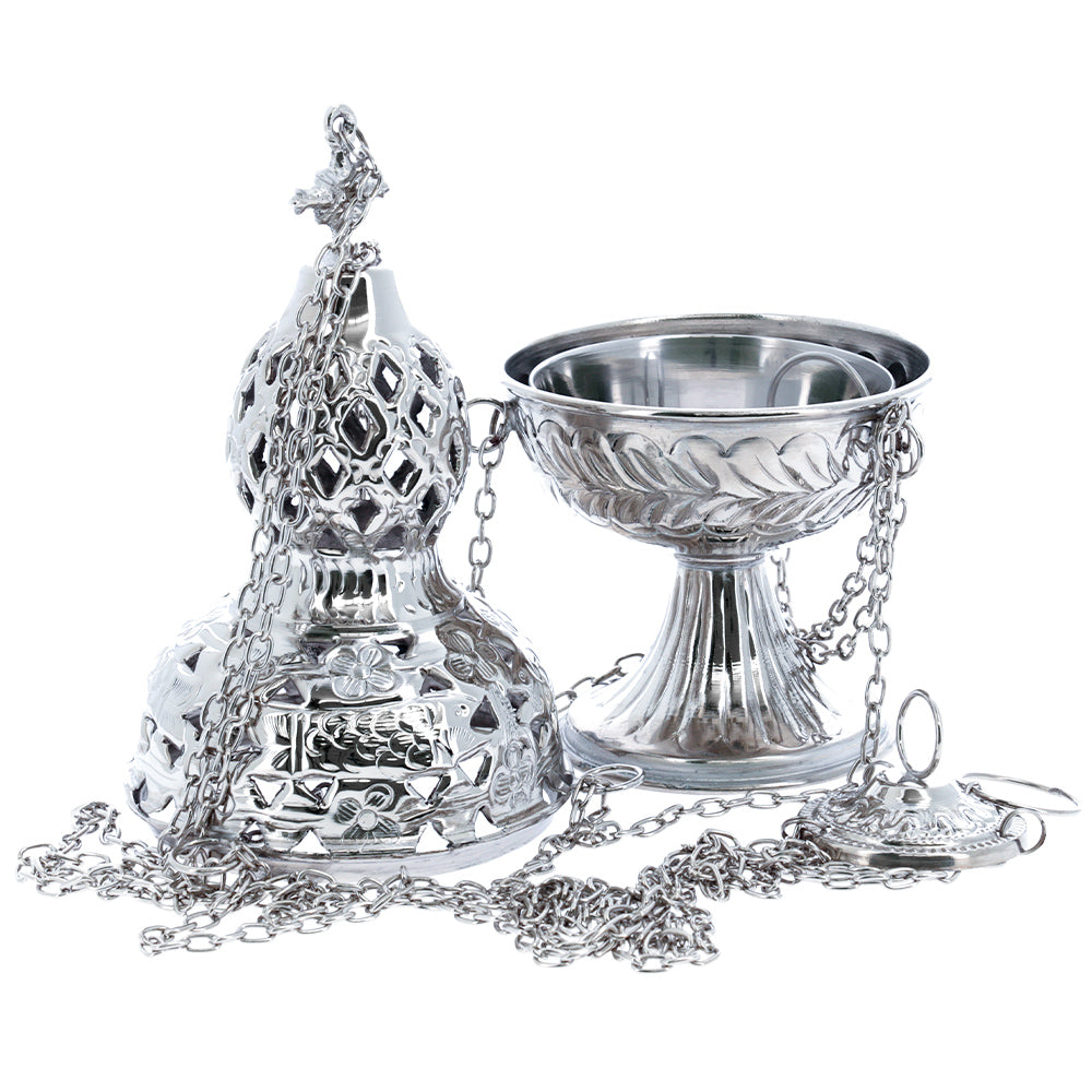 Turibolo liturgico in ottone nichelato con catena – Altezza 26 cm