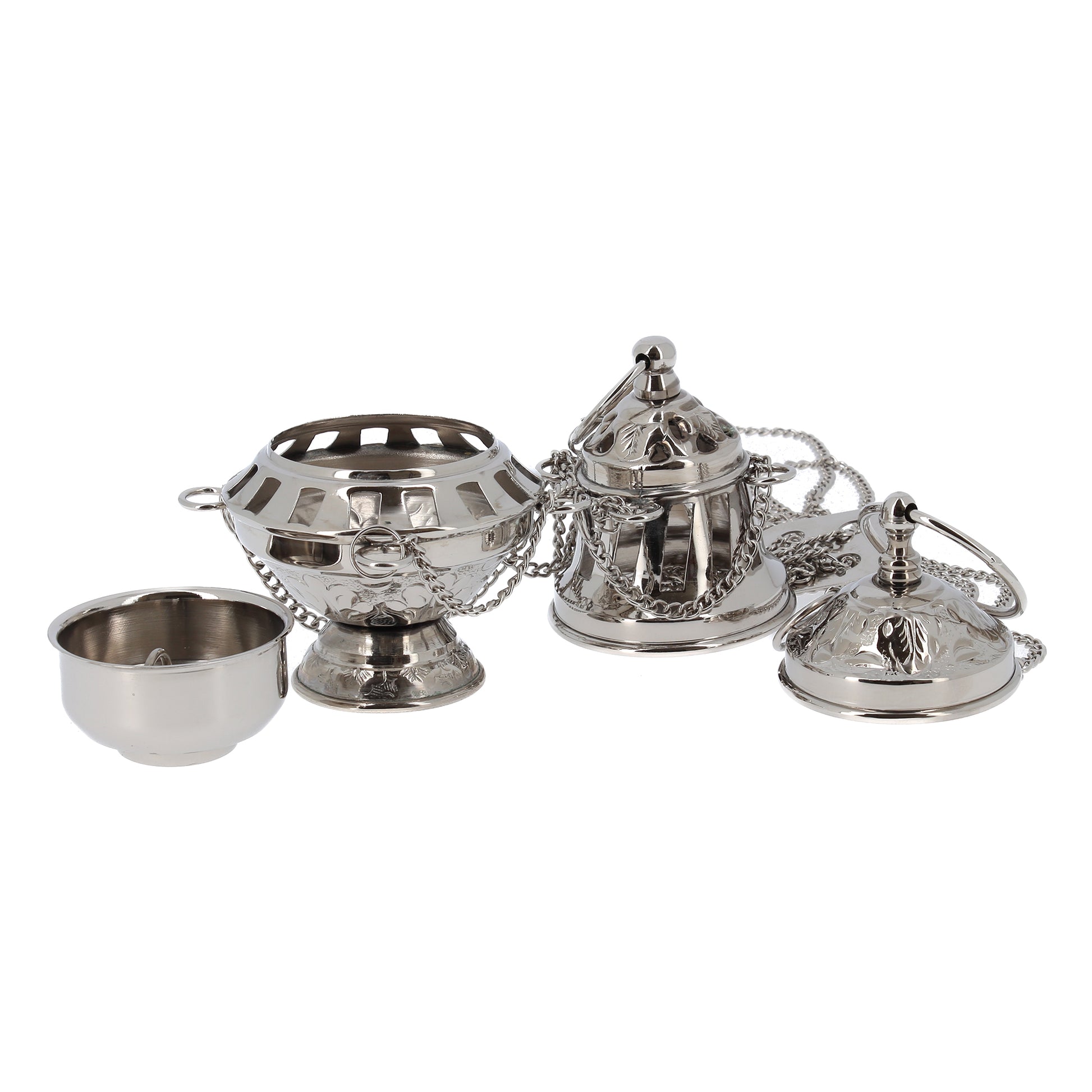 Turibolo in ottone nickelato con ciotolina interna. Altezza 16 cm