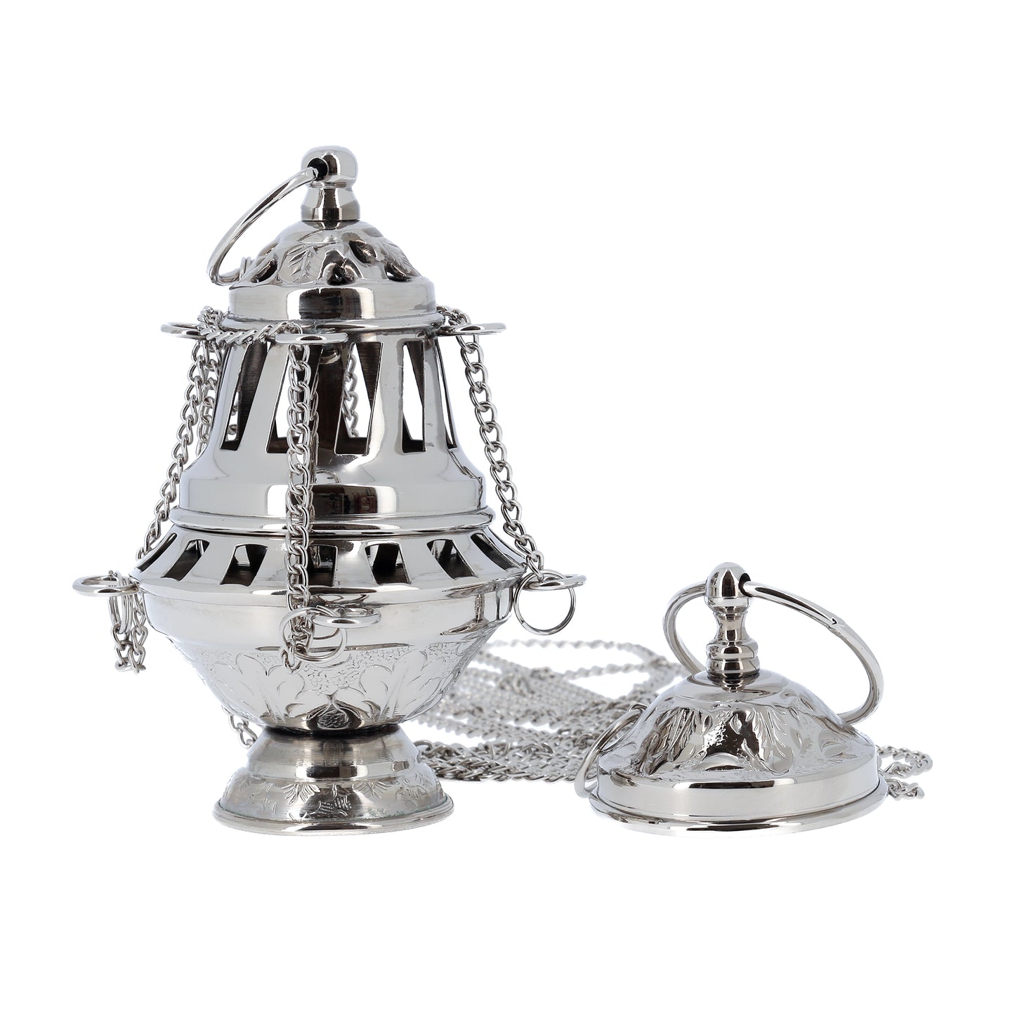 Turibolo in ottone nickelato con ciotolina interna. Altezza 16 cm