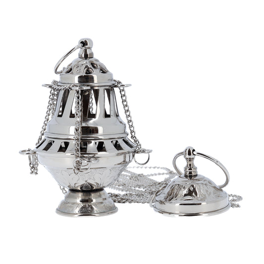 Turibolo in ottone nickelato con ciotolina interna. Altezza 16 cm
