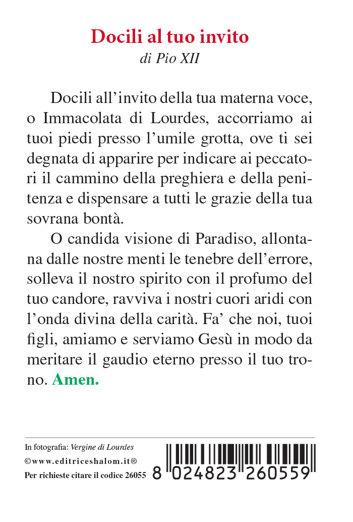 Santino Madonna di Lourdes. Sul retro preghiera