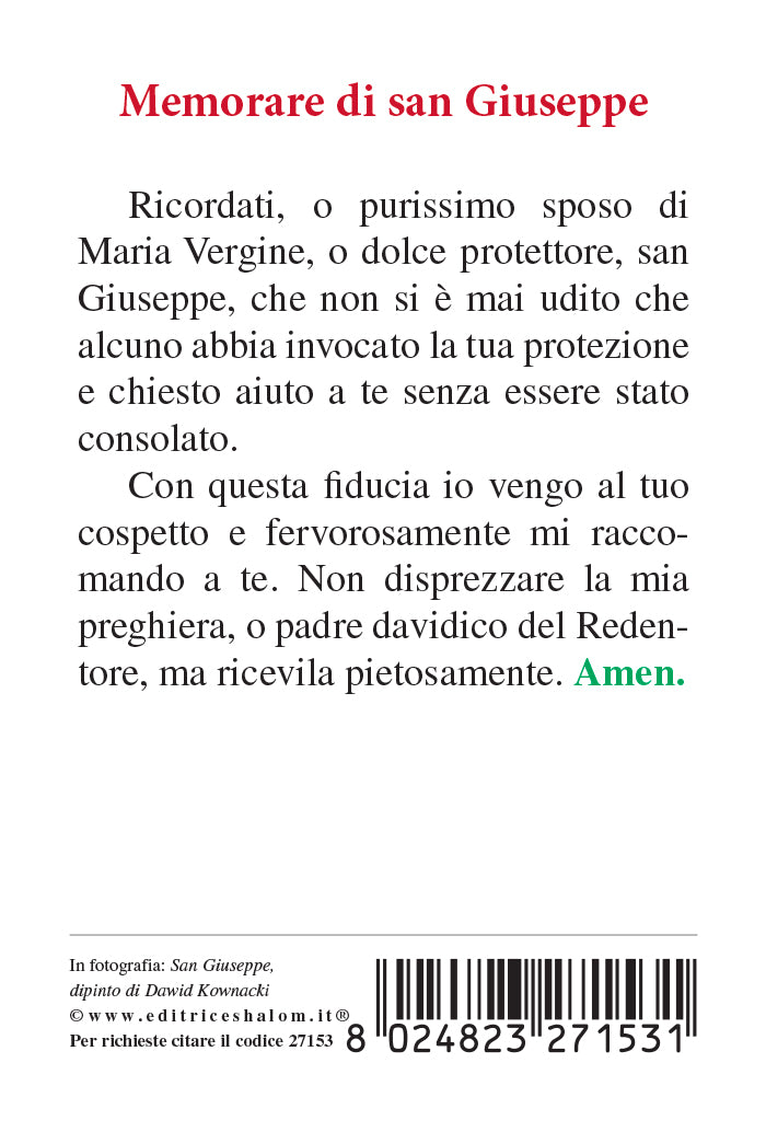 Santino San Giuseppe (dipinto di Dawid K.). Sul retro "Memorare di san Giuseppe".